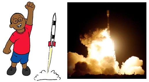 Shown are two images. The image on the left is a drawing of a small boy cheering as his model rockets lifts off the ground. The image on the right is of rocket blasting off amidst clouds of exhaust and plumes of fire (caused by the rocket's ignited fuel).