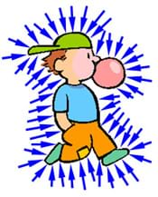 The above picture shows a colorful cartoon boy with arrows pointing at him from all directions to represent air pressure pushing on him. 