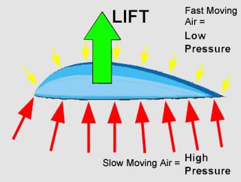 A colorful diagram shows large, red arrows (representing high air pressure) pushing up on a wing from below, while small, yellow arrows (representing low air pressure) are pushing down on the wing from above.  The result is one large, green arrow, which represents the lifting force, pointing upwards.
