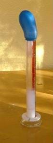 A picture of a graduated cylinder with blue balloon around the cylinder mouth to "capture" escaped carbon as carbon dioxide
