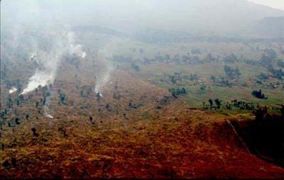 A photograph of a hillside suffering from deforestation. Shown is a barren landscape, devoid of trees. Plumes of smoke are coming off of recently burned land.