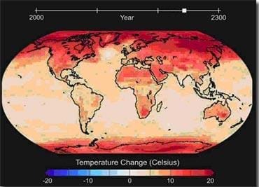 A map chart showing how global carbon emissions from fossil fuels are predicted to increase the Earth's temperatures over a 300-year period.