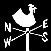 Black/white graphic of north-south and east-west directional weather vane with a chicken on top.