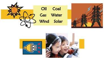 A collection of images showing movement from the Sun and electrons to energy sources (oil, coal, gas, water, wind, solar) to electrical transmission lines in a field, to a pronged electrical plug with electricity coming out of it to a photo of two children enjoying themselves while using headphones and a microphone.