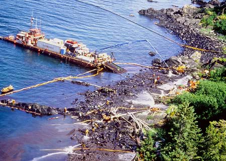 A photograph of beach workers and a maxi-barge joining forces to clean a beach after the Exxon Valdez Oil Spill.