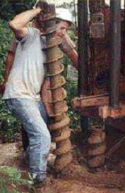 The photograph showing a man drilling a hole in the ground with a drill (auger) that is as big as he is.