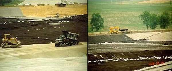 Shown are two photographs of the construction of a landfill. The left photograph is of two big trucks laying sand down over a landfill. The right photograph is an aerial view of the overall construction of a landfill liner. 