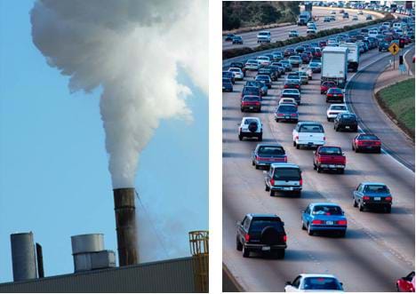 The photograph on the left is of a factory producing tremendous amounts of smoke. The photograph on the right shows heavy traffic during what appears to be "rush hour" on a major highway. 