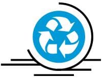 A blue and white recycle symbol. Shown is a circle with three curved arrows flowing clockwise around the circle. 