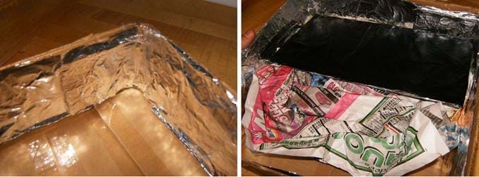 Figure 3. (left) Line the inside walls of your solar collector box with aluminum foil, shiny side out. (right) Prepare the base of the collector box with a piece of cardboard covered with foil and painted black, and placed atop a bottom layer of insulation inside the collector.