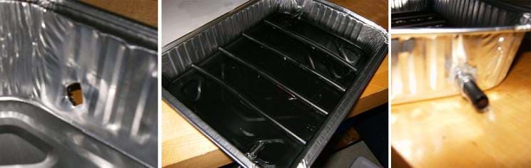 Figure 6. (left) Cut holes in the side of the baking pan sized to accommodate the copper tubing. (middle) Glue black-painted pieces of straightened copper tubing to the floor of the baking pan. (right) To connect the baking pan to the reservoir, use short pieces of copper tubing, secured into holes in the side of the baking pan