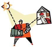 Diagram shows dotted line from sun to man holding solar panel to inside of a house with electrical lights and other appliances in use.