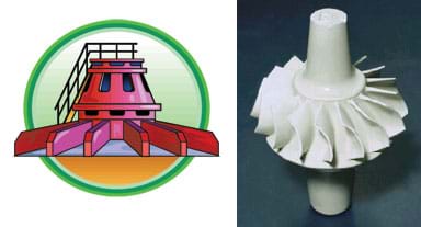 Two images: A side-view drawing shows a dome-shaped structure with six rectangular fins sticking out at even intervals around it, and a photo of a white ceramic inner shaft with 15 curved blades attached like spokes from a hub.