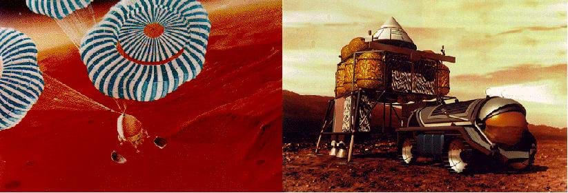 Two illustrations of human movement to/on the Mars, the Red Planet. The first illustration shows a space vehicle dropping by parachutes onto the planet's surface. The second illustration depicts a lunar vehicle roving over the surface of Mars.