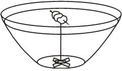 A drawing of a bowl, &frac12; filled with water, with a large X on the bottom. Styrofoam peanuts, skewed by a needle, float on the water above the X.