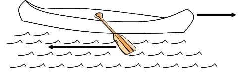 A diagram of a canoe and paddle in the water showing that the motion of the paddle on the water causes the canoe to move forward.