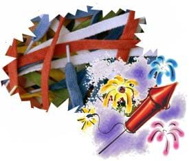 Colorful images of several shoestrings in a pile and a rocket with firecrackers exploding next to it. The image portrays "building a rocket on a shoestring budget."