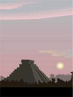 Drawing of stepped pyramid in cloudy skies.