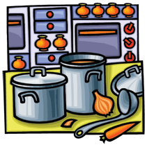 Drawing of oven, pots, lids and ladle.