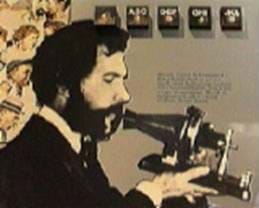A drawing of Alexander Graham Bell speaking into his telephone.