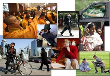 A collage of pictures of people from around the world using cell phones.