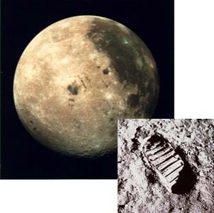 A photograph of a three-filter color image of the Moon overlaid with a black and white photograph of an astronauts footprint on the moon surface.