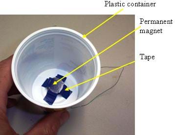 The picture shows the magnet attached to the inside of the yogurt cup with electric tape.