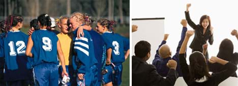 Two photos: (left) A woman's soccer team on the field huddles together to make plans. (right) A young woman in a suit and her surrounding team punch the air with their fists.