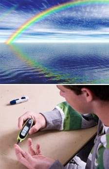 Two photos: (top) A rainbow reflected in the ocean surface. (bottom) A teenager tests his blood sugar with a glucose meter.