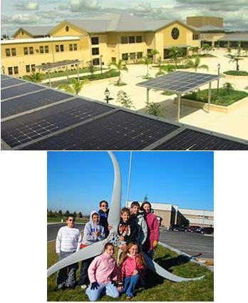 Two photos: Middle school students in Idaho stand by a three-bladed wind turbine in the school yard. An aerial photo shows solar panels installed on the roof of Charlotte High School in Florida.