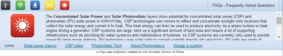 Screen capture shows solar power info and links to further info.