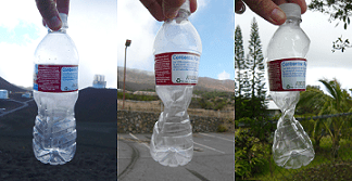 A series of three photographs: A plastic soda bottle sealed at 14,000 feet (left), taken down to 9000 feet (middle) and then 1000 feet (right), on the Mauna Kea observatory on the island of Hawaii. From left to right, the bottle becomes crushed (imploded, collapsed), as a result of the change in air pressure.