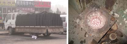 Two photos: A flatbed truck stacked with piles of coal briquettes. Top view of a blazing hot device with a square metal plate with an indented center area.
