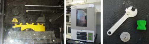Three photos: (left) A student-designed helmet being manufactured in a rapid prototype machine. (middle) An instrument about the size of a washing machine, with a viewing window and two inserted trays. (right) A plastic wrench and two small parts made with the rapid prototype machine.