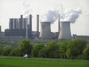 A photograph shows power plant in Rhineland, Germany.