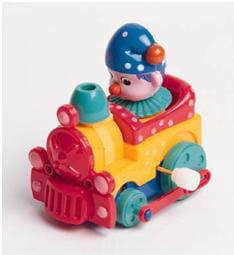 Photo shows a bright-colored plastic push-toy, a little train engine.