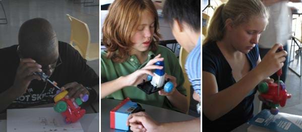 Three pictures of students in the process of reverse engineering a push-toy. Shown, the students are in various stages of manipulating the toys for study or disassembly.