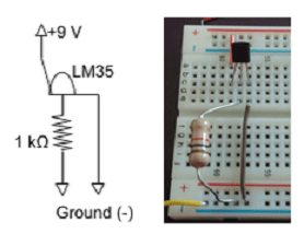 Photo shows the setup for the circuit, showing the LM35 temperature sensor chip, a resistor, and jumper wires on the breadboard.