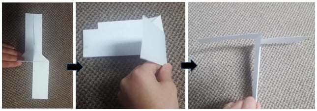 Three photos show a hand bending and folding two flaps to make the propeller in the form of two blades that are perpendicular to the rest of the paper (the helicopter base).