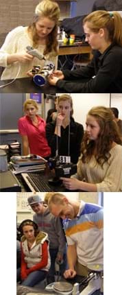 Three photos: (top) Two teenage girls use a glue gun on a small, wheeled contraption. (middle) Teens gather around one girl using wireless controllers to obtain a bioposy while watching a monitor. (bottom) A teacher and students weigh a small clump of PlayDoh on a scale.
