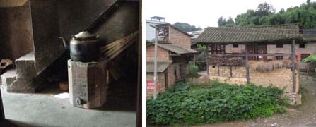 Two photos: (left) A black teapot sits on a small coal stove. The stove looks somewhat like a metal bucket with angled sides. (right) Homes in the Chinese countryside with peaked roofs made of wood and ceramic tile, and walls made of brick.
