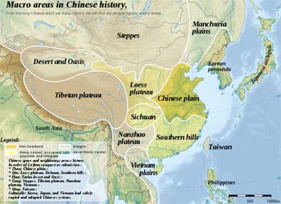 Map identifies regions: desert and oasis, steppes, Manchuria plains, Korean peninsula, Tibetan plateau, Loess plateau, Chinese plain, Sichuan, Nanzhao plateau, southern hills, Vietnam plans, and Taiwan island.