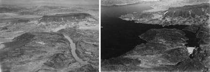 Two black-and-white aerial photos of the same canyon view of the Colorado River in Arizona/Nevada. Left photo shows a narrow river winding through mountainous outcrop terrain. Right photo shows a large reservoir of water has filled in the much of the terrain above Hoover Dam.