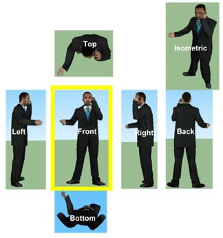 An image of a standing man talking on a phone shown from seven different views (left, front, right, back, top, bottom, isometric).