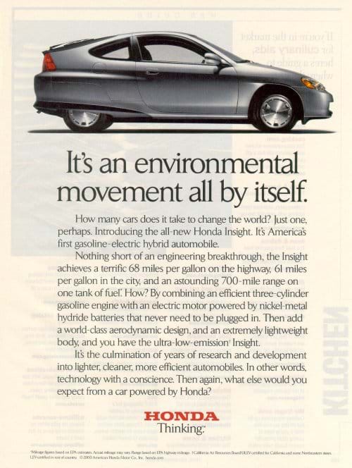 An ad features a side photograph of the sleek little car with the headline, "It's an environmental movement all by itself," followed by a three paragraphs of persuasive writing.
