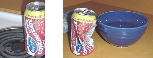 Two photographs show an aluminum can being heated on a the coiled burner of an electric stove and the same can collapsed after it was inverted over a bowl of cold water.