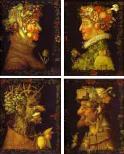 Four painting illustrate the seasons with side views of men, composed of the fruits and textures of the four seasons.