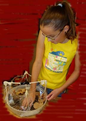 Photo of a student putting material into the bottom of a plastic model biodome.