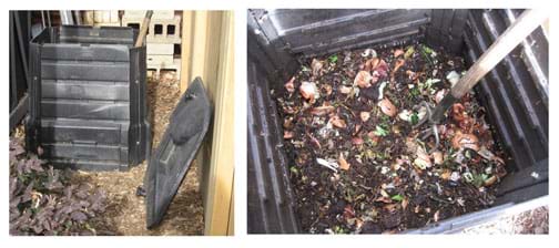Photos show a cubic meter plastic bin for making compost, and close-up of pitchfork stuck into pile of compost of household food scraps.