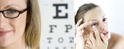 Two photos show a woman wearing eye glasses with a backdrop of a testing eye chart, and another woman putting a contact lens in her eye.